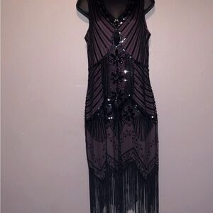 Unique Vintage Black and Purple Beaded Midi Flapper Dress